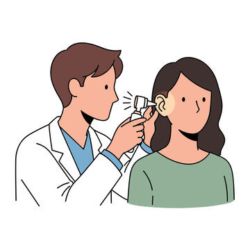 Doctor performing ear examination with otoscope on a patient, medical checkup, healthcare service, audiology diagnosis, clinic consultation
