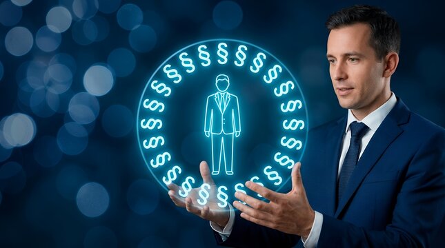 A man in a suit holds a glowing circular symbol composed of paragraph signs surrounding a silhouette of a person law legal justice legislation regulation human rights constitution