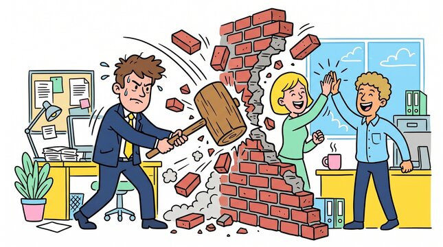 Funny doodle illustration of a business character smashing a wall between desks with a mallet, breaking down silos concept.
