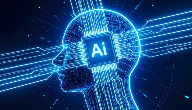 Neon human head with AI microchip circuitry