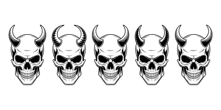 Skull Devil Horns Icon Set in Monochrome Line Art Style for Horror, Tattoo, and Edgy Graphic Designs