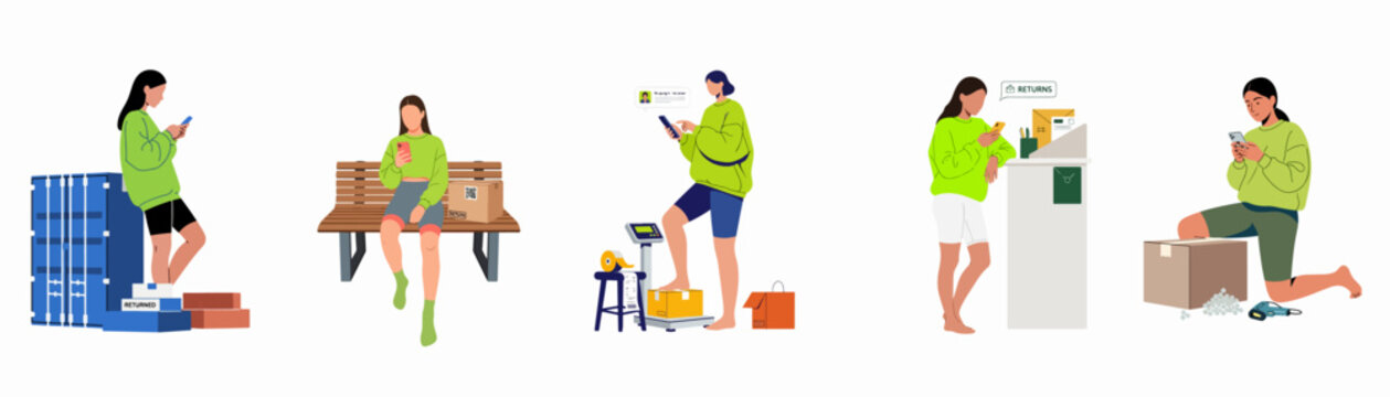Illustration set depicting a woman managing product returns for online shopping using her smartphone and handling various packages and parcels.
