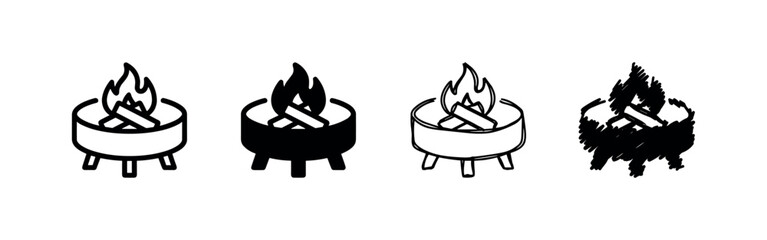 Fototapeta premium Fire Pit with Burning Wood Icon Set - Outdoor Ambiance and Camping