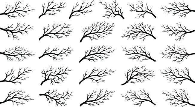Bare Tree Branches Vector Icon Set Featuring Black Silhouette Shapes of Spooky Dead Twigs and Winter Boughs Without Leaves for Halloween and Nature LayoutsBare Tree Branches Vector Icon Set Featuring 