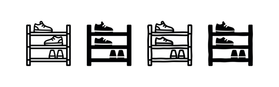 Shoe Rack with Footwear Icon Set in Outline, Filled, Doodle, and Grunge Styles.