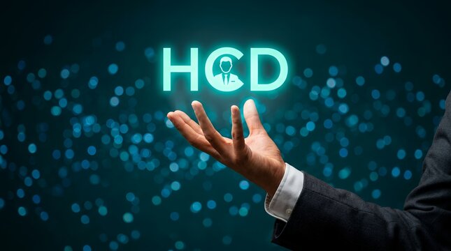 Businessman's open hand supports luminous HCD acronym with integrated person icon set against a bokeh background of blue lights human centered design design thinking innovation