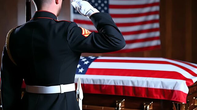 Soldier in dress uniform saluting a flag-draped casket at a military funeral. Honoring a fallen hero with a formal tribute in front of the American flag. Patriotic military memorial service concept.