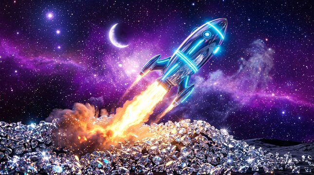 Sleek polished chrome and neon blue toy rocket ship blasts off with bright orange exhaust flames from a massive pile of sparkling diamonds.