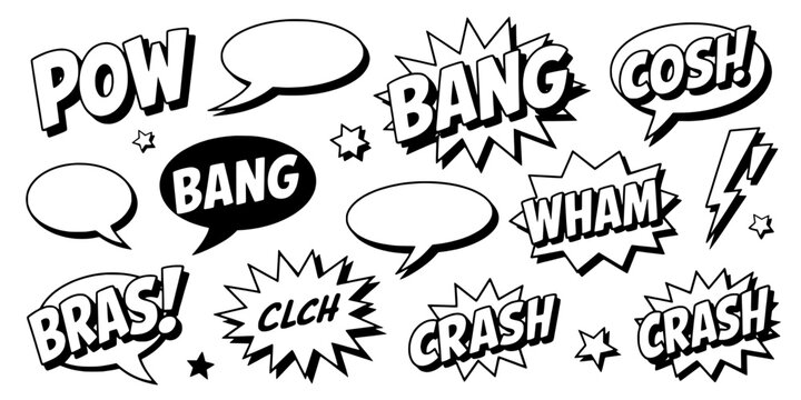 Speech Bubble Comic Action Set with Pow Bang Crash Wham Symbols for Dramatic Impact on Posters Featuring Pop Art, Onomatopoeia, Csh with Zap and Bam