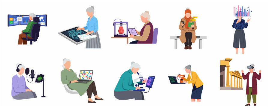 Set of active senior women using modern technology for work and hobbies. Elderly characters with 3D printer, VR, robotics, and data analysis tools. Active aging and digital literacy concept.