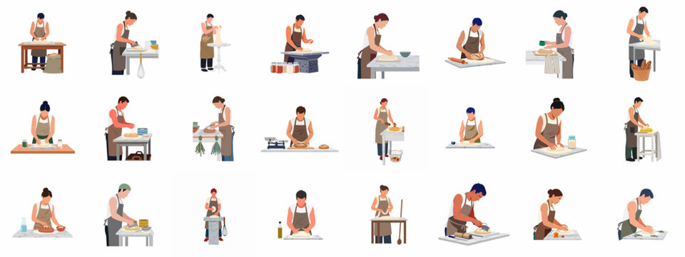 Large collection of diverse bakers and pastry chefs in aprons kneading dough and preparing homemade bread, flat vector illustration on white background.