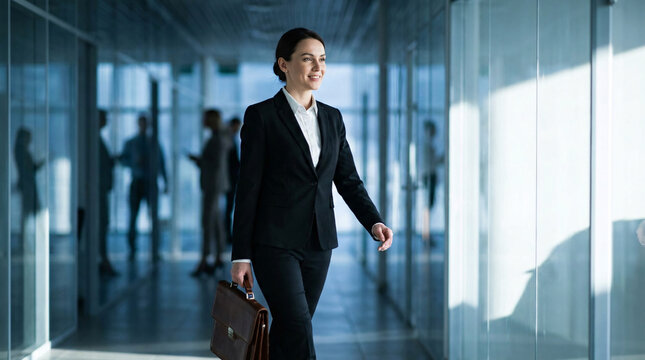 Confident businesswoman walking through a modern office corridor with a briefcase, smiling and focused on professional success