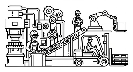 Naklejka premium Industrial factory scene with workers and machinery.