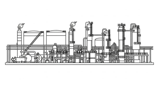 Industrial factory complex with smoke stacks and storage tanks.