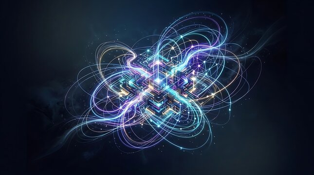 Abstract glowing energy vortex with swirling light trails and particles on a dark background, representing cosmic phenomena or digital data flow.