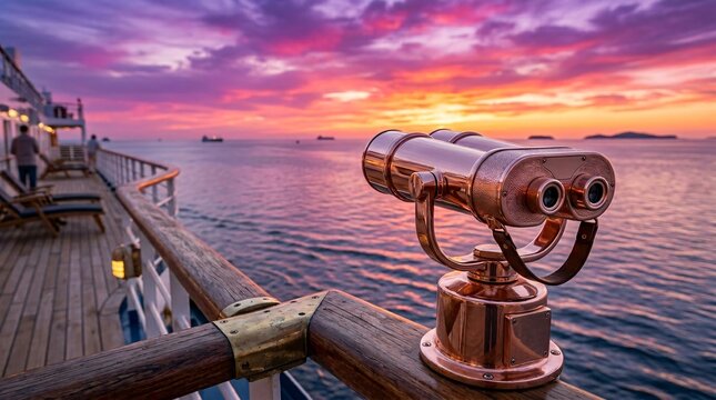 Vintage polished rose gold coin operated binoculars mounted on the deck railing of a luxury cruise ship overlook a vibrant colorful sunset.