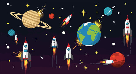 A vibrant cartoon depiction of rockets and planets © Ucup
