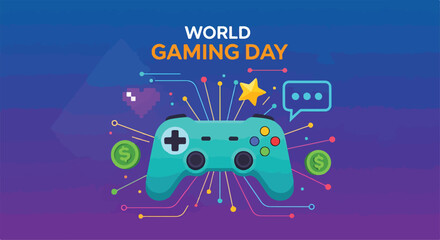 A colorful graphic celebrating World Gaming Day with a game controller © Rkia