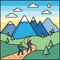 Fototapeta premium A scenic mountain landscape with two hikers on a winding path