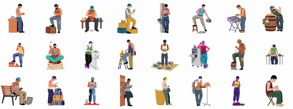 Vector illustration set of men in casual clothing counting and managing cash, coins, and wealth in various urban and outdoor settings.