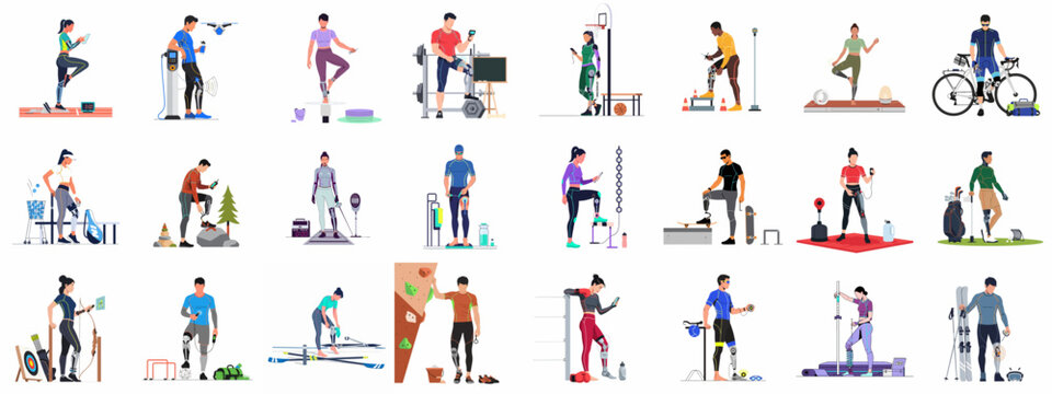 Flat vector illustration collection of diverse athletes with prosthetic limbs participating in various sports and fitness activities, showcasing inclusivity and modern technology.