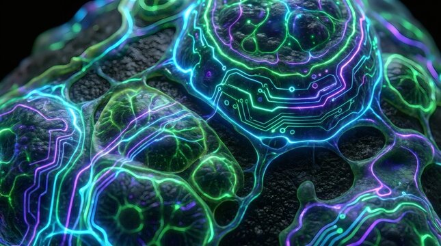 An abstract blue and green background with glowing bubbles features a futuristic digital wave pattern with electric fractal textures and light motion