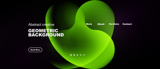 Naklejka premium Abstract green shapes dominate dark background. Minimalist design features text, navigation elements, button. Modern aesthetic.