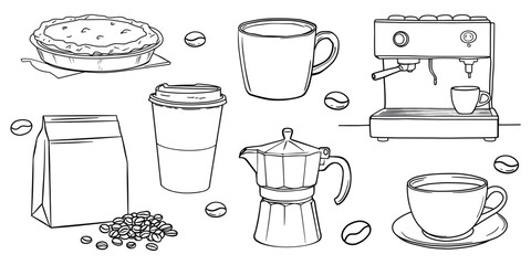 Obraz premium Coffee essentials line art illustration vector element set