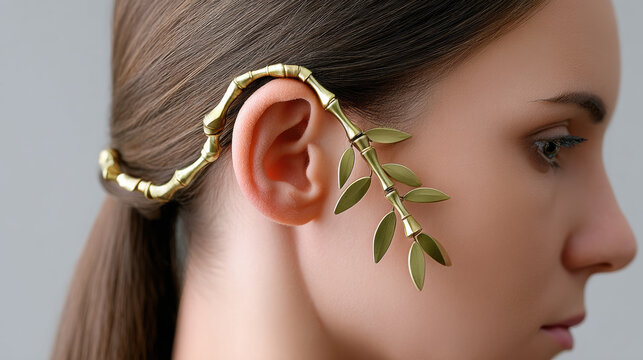 Bamboo branch earring ear cuff jewelry gold leaf woman, side view profile with botanical metal accessory on ear, studio closeup