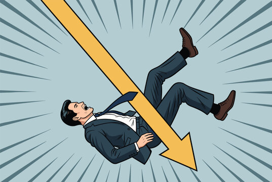 Worried businessman in a suit falls through the air alongside a large yellow downward pointing arrow on a light blue ray background.