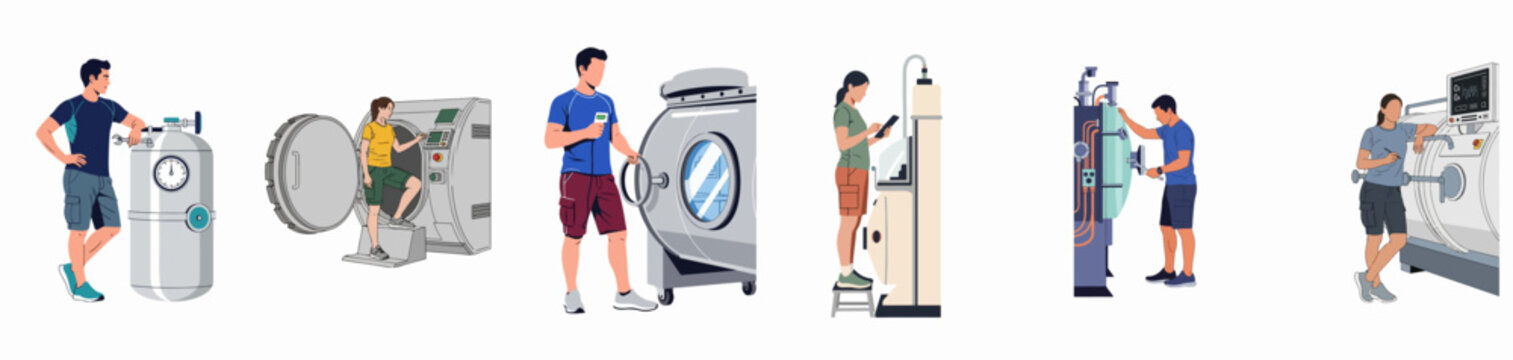 Diverse flat illustrations of people using, maintaining, and operating various hyperbaric oxygen chambers and medical pressure therapy equipment on white background.