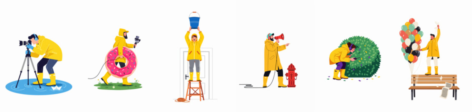 Collection of illustrated characters in yellow raincoats performing creative activities, filmmaking, and playful tasks against a white background.