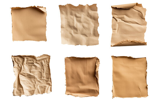 Assorted torn paper strips grid sheet and kraft square isolated on white background, Clipping Path, png