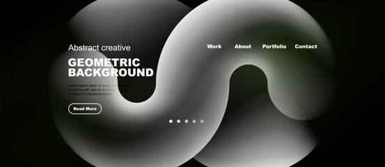Naklejka premium Dark background features abstract shapes, text elements, navigation menu. Minimalist design promotes modern aesthetic, clean presentation.