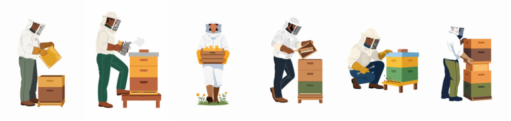 Vector illustration set of diverse beekeepers in protective suits working with beehives, honeycombs, and tools for honey production isolated on white background. © Nurdayatt