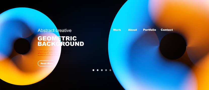 Abstract fluid shapes, vibrant colors, dark background. Website header design with navigation elements, text overlay. Modern aesthetic.