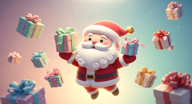 Santa Claus Character Surrounded By Gift Boxes A 3d Render With A Festive Background