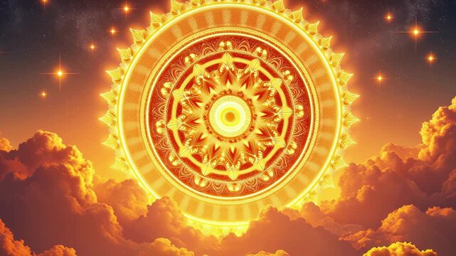 A golden celestial mandala sparkles,  Spiritual celebration, Indian culture.