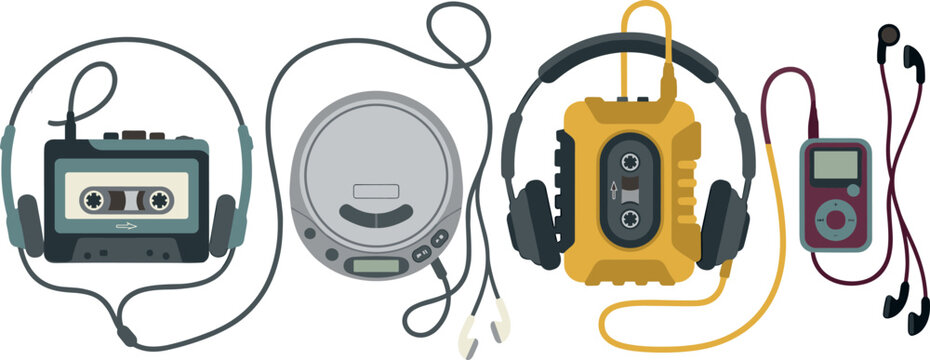 Evolution of Retro Personal Audio Music Players Set Featuring Vintage Cassette Walkmans CD Discman and MP3 Player with Headphones on White Background