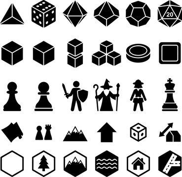 Comprehensive library of board game icons featuring dice tokens polyhedral figures chess pieces landscape elements and map components for game design development.