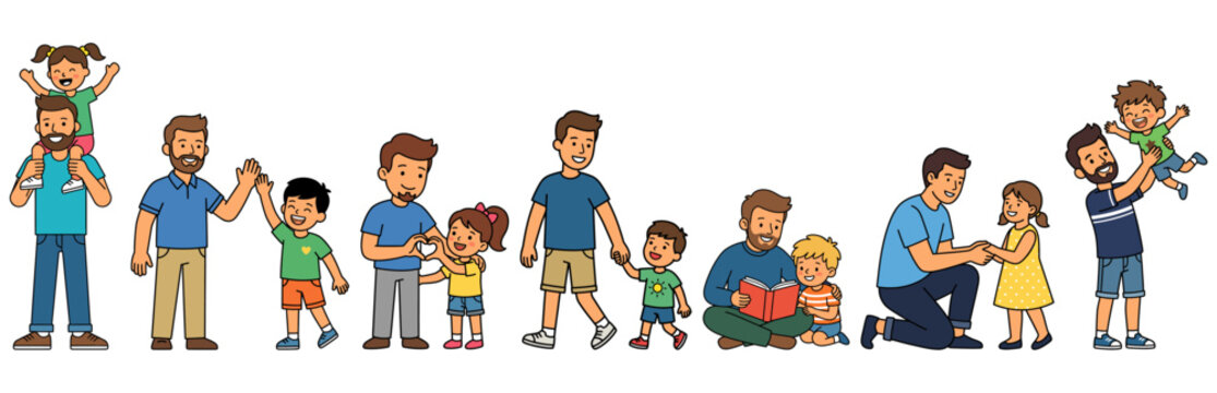 Set vector of fathers with children. Happy fathers day concept flat vector illustration set with super dad and child Flat vector, illustration isolated on white background.