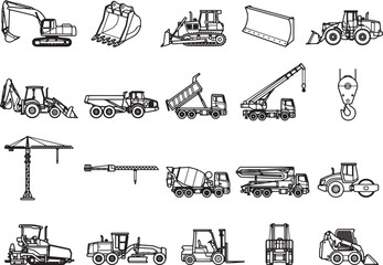 Obraz premium A collection of various construction vehicle illustrations in an infographic style, showcasing excavators, bulldozers, cranes, and more, perfect for industry and design projects.