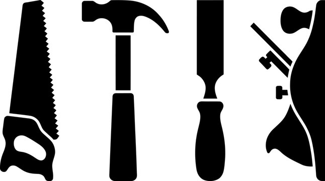 Black silhouette collection of essential woodworking tools including hand saw and claw hammer with chisel plus hand plane for construction carpentry and diy projects.