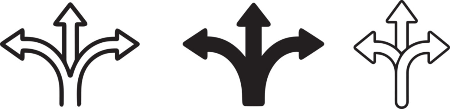 Direction arrow icon with multiple paths. Choice and decision making symbol. Strategy, planning and alternative route concept. Navigation, growth and progress pictogram for business scenarios.