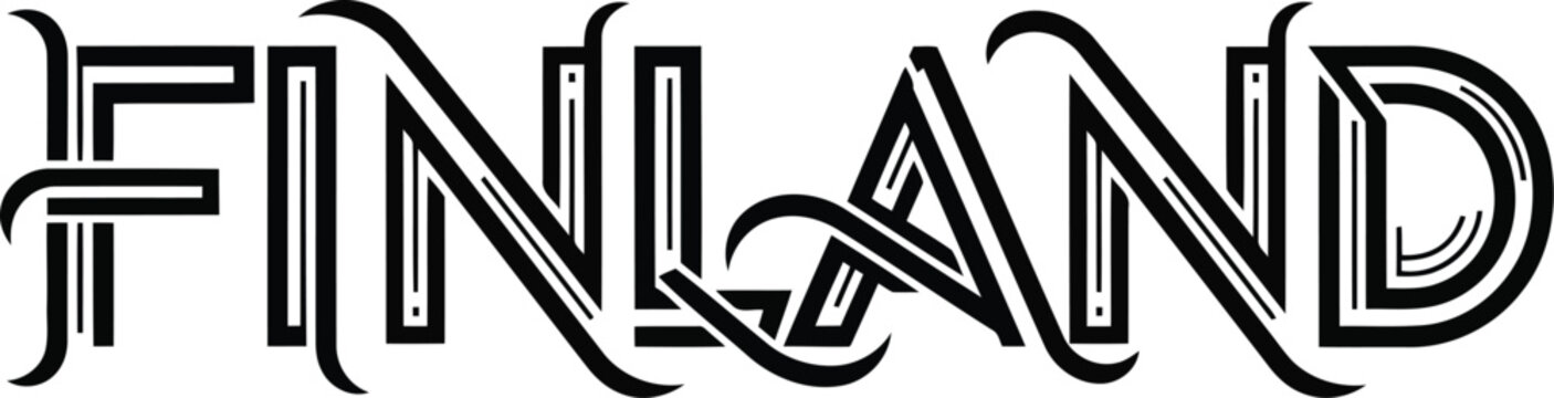 Finland word written in a black and white stylized artistic calligraphic font with elegant swashes and decorative lines for travel and cultural design projects
