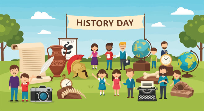 A group of children and adults celebrating History Day outdoors
