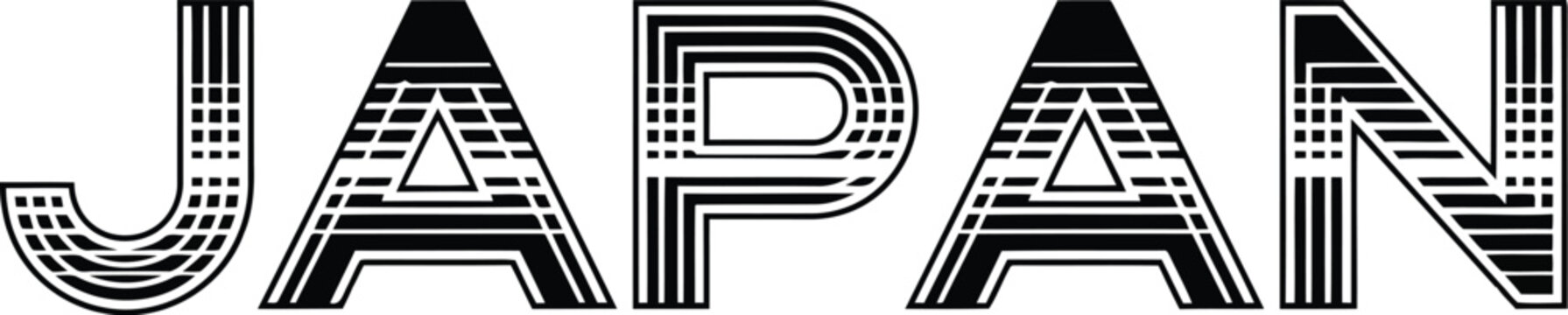 Bold black and white japan typography text design with a stylish striped line pattern effect for creative graphic projects and travel themed branding or merchandise