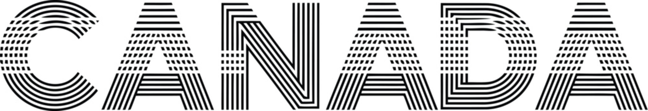 Canada word typography design with black and white striped line pattern effect for national pride and travel branding projects