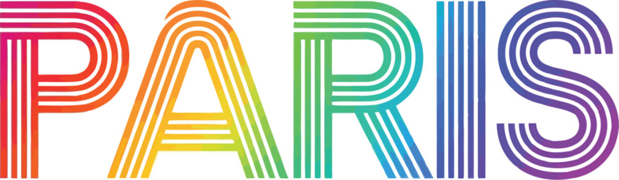 Paris word written in colorful striped letters with a modern gradient design for travel branding and creative graphic posters