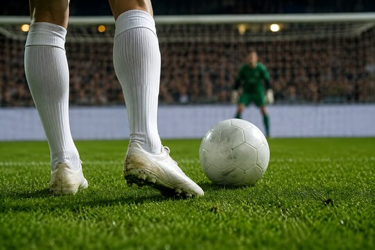 Low-angle close-up from behind the shooter&rsquo;s legs moments before taking a penalty kick